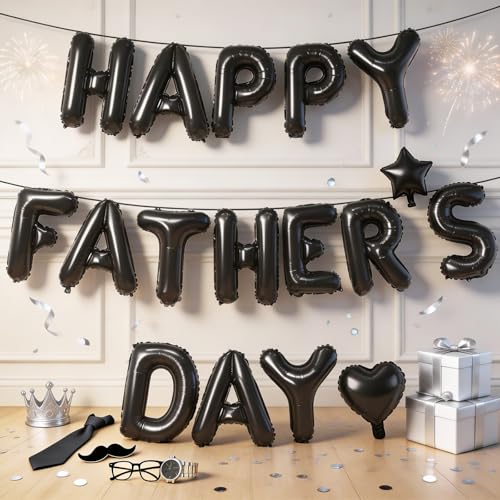 Happy Fathers Day Balloons Black 16 Inches Father Foil Letter Balloons with Star Heart Balloon for Fathers Day Dad Birthday Appreciation Family Gathering Celebration BBQ Party Decorations Supplies