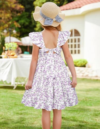 GRACE KARIN Girls Floral Dress Tie Back Flutter Sleeves Casual Summer Dress for 5-12Y4