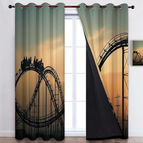 TMMDH Motivo De MontañA Rusa Cortinas Opacas Tonos CáLidos Cortinas Termicas aislantes Frio y Calor Tres Pisos Tela Suave Tres Pisos Tejido 2 Piezas 140x220 cm para Salon