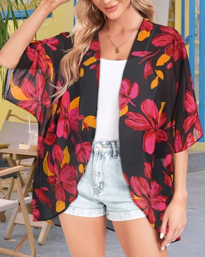 Image of Women Kimono Cardigans Casual Summer Tops Cover up Open Front Floral Print Resort Wear 2026
