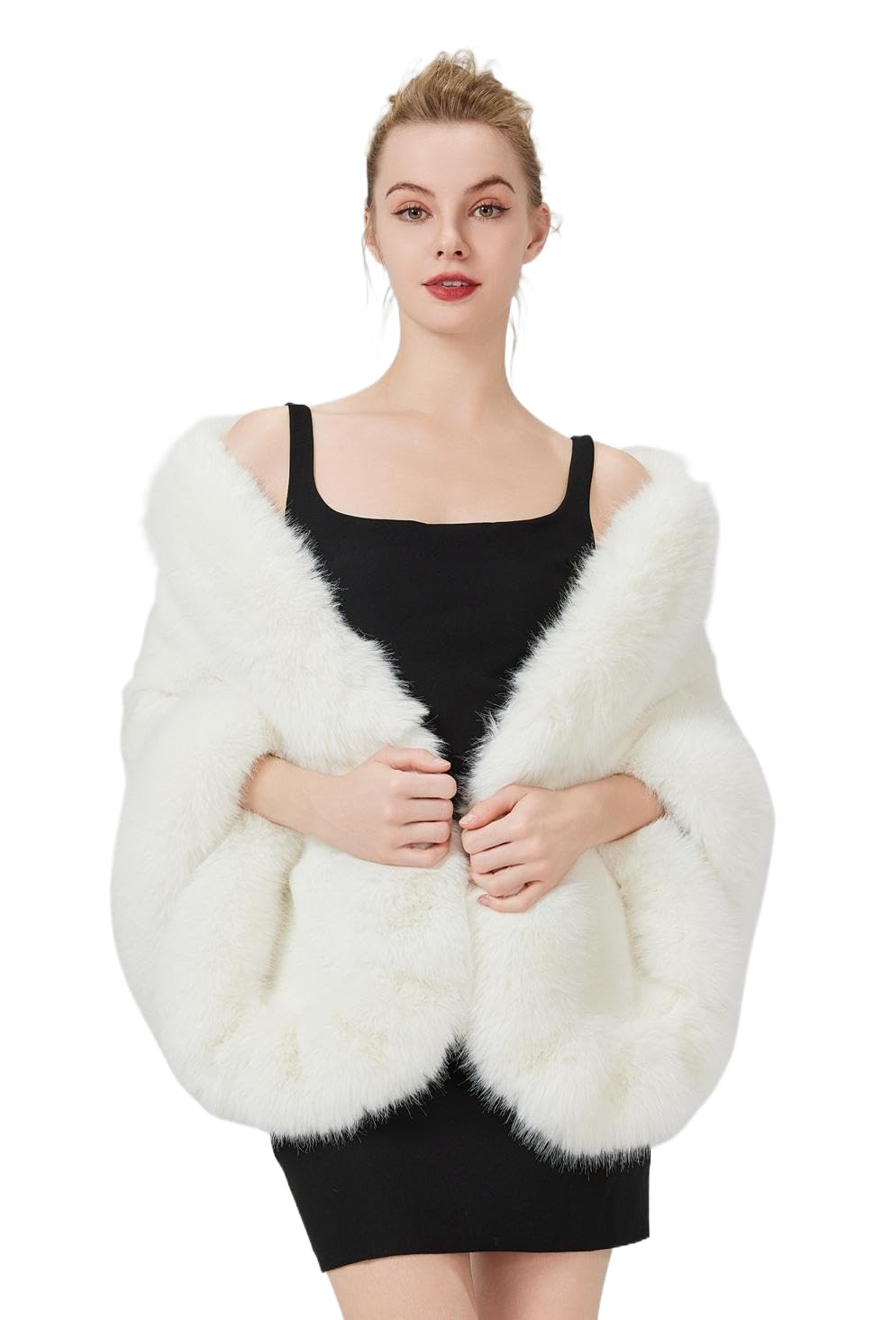 BEAUTELICATE Faux Fur Wrap Shawl Women’s Shrug Stole Cape for Winter Wedding Evening Brides Bridesmaids(One size, Ivory)