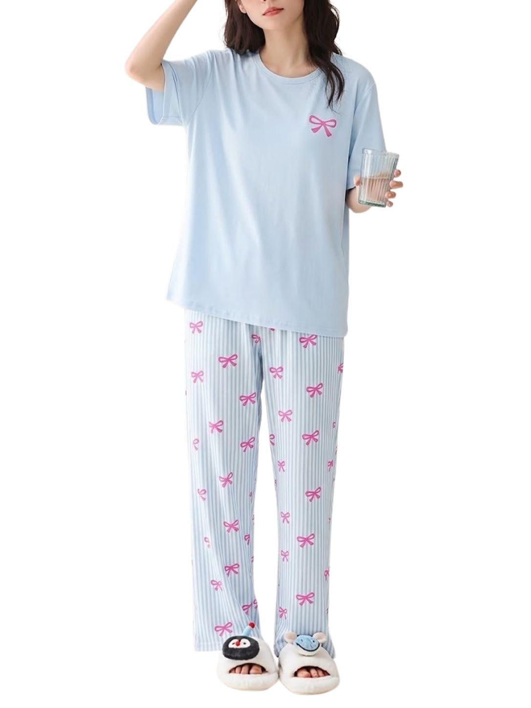SHIENZY Womens Korean Night Dress | Round Neck Short Sleeve Top & Cute Bow Print Pyjama Set | Soft & Breathable Nightwear, Loungewear, Sleepwear for Women | Everyday Nightsuit(1714_BL_XL) Blue