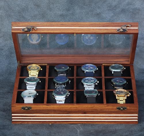 Image of Watch box for women & men, Wooden organizer, Handmade Holder For Men, Custom Valet Box with Brass Lock, Christmas, Anniversary, Valentine;s Day, Father's Day (Dark Brown 12 Slots)