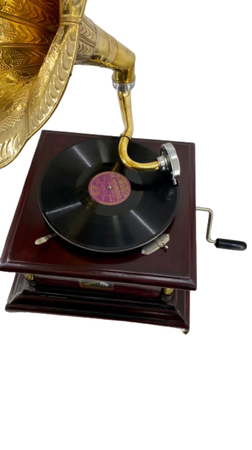 Grammofono con tromba in ottone HIS MASTER'S VOICE riproduzione quadrato con inserti dorati artigianato Made in Italy