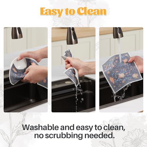 Image of JOYMOOP 12 Pack Decorate Cleaning Cloth (Simple Floral of Decorative Series), Reusable Absorbent Dish Towels, Non-Scratch Washable Rags for Cookware, Kitchen and Household Cleaning - 6.7x7.9 inch
