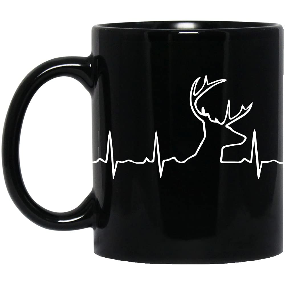 LAMFLAMF Heartbeat Deer Mug, Deer Hunter, Birthday Gift for Dad, Gift for Dad Hunting, Hunting Mug for Husband, Deer Hunting Mug, Black Coffee Mug 15 OZ