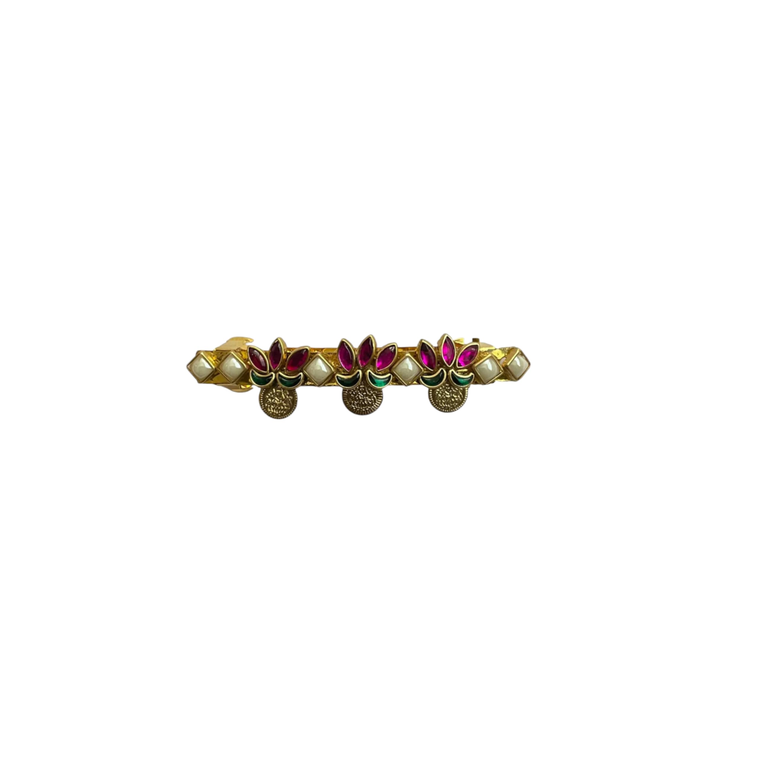 VR Creations Handcrafted Lakshmi Coin Hair Center Clip with Pink& Green Flower Kundans-image-42