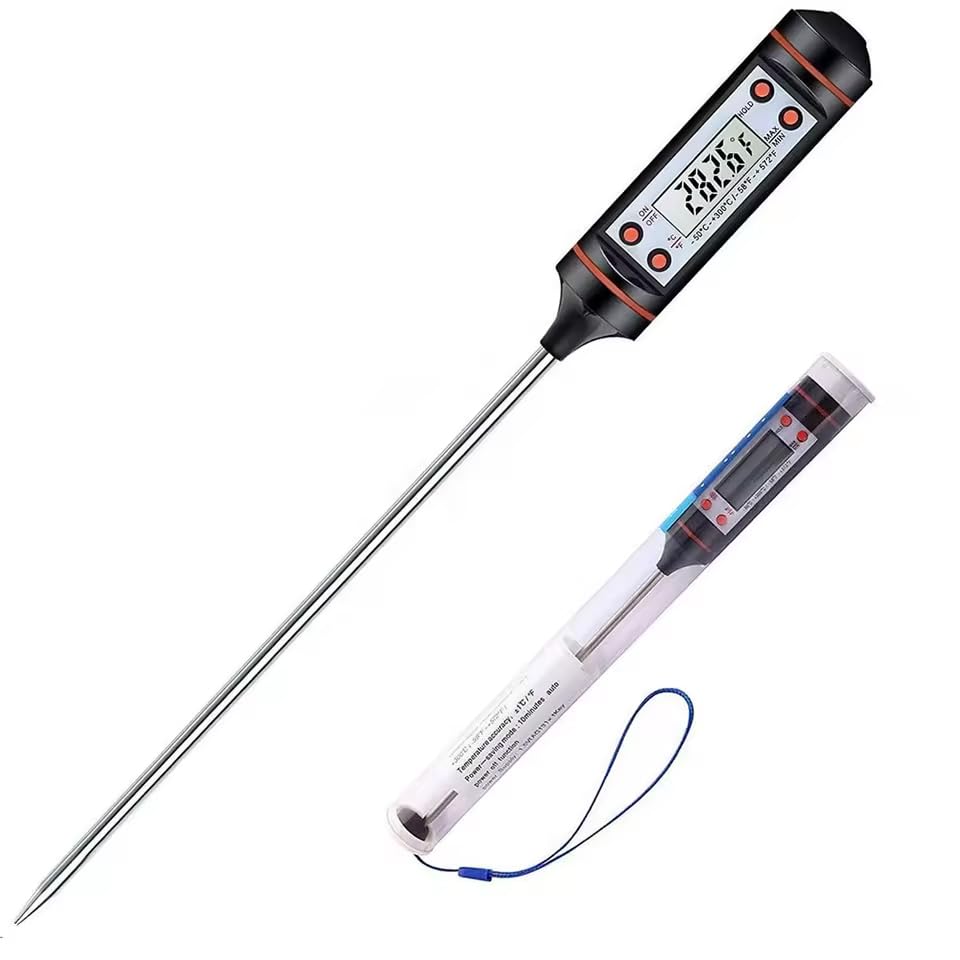 EVRU® Cooking Thermometer, Digital Meat Food Thermometer Instant Read Long Probe Auto Off LCD Screen Kitchen Thermometers for BBQ, Meat, Sugar, Milk, Water, Jam, Grill (Battery Included)