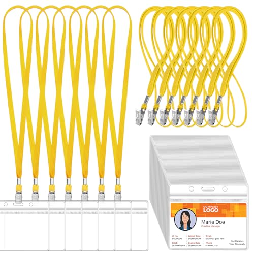 Image of Marspark 100 Sets 4 inchx3 inch Name Badge Holder with Lanyard Bulk, Yellow