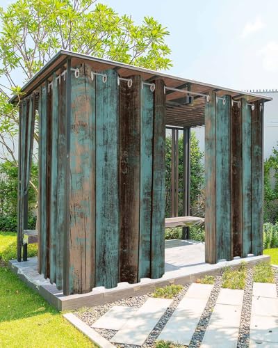 Waterproof Outdoor Curtains for Patio Porch, Farm Vintage Ombre Teal Wood Grain Grommet Curtain Panel Windproof Outside Curtains Tieback, Country Old Board Weighted Window Treatment Drapes