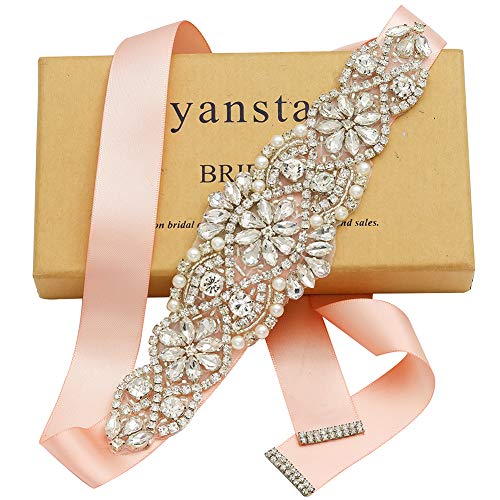 Yanstar Blush Sash Crystal Applique Wedding Bridal Belts In Silver With Pearls Beaded On Wedding Prom Dress-7.7In2In