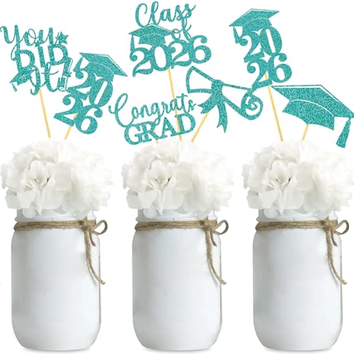 Image of Graduation Centerpiece Sticks 24PCS Glitter Grad Picks Party Table Decor Senior High School College Sign Teal