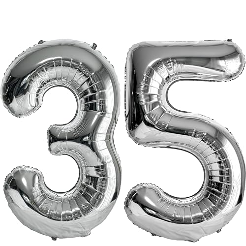 FIROMI 35 Number Balloons Silver Big Giant Jumbo Huge Foil Mylar 35 Balloon Numbers for 35th Birthday Party Anniversary Events Decorations 40-inches
