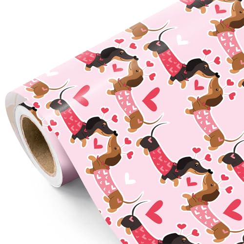 WRAPAHOLIC Dachshund Valentines Day Wrapping Paper Roll - Mini Roll - 17 Inch x 16.5 Feet - Love Dachshund Dog Wrapping Paper for Anniversary Wedding Dog Lovers