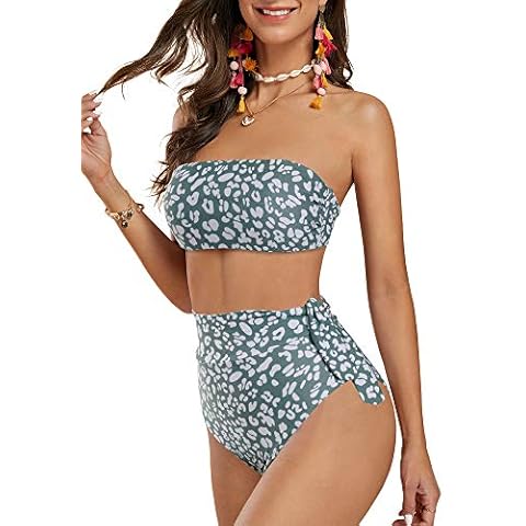 FERBIA Womens High Waisted Bikini Set Bandeau Strapless 2 Piece Bathing Suit Swimsuits Tie Wrap Swimwear Cover