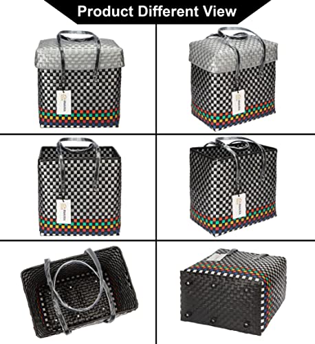 Image of Arnavira Handmade Multipurpose Basket with Lid 13L Used as Shopping, Storage, Picnic, Beach, Toy Basket (28x17x27 CM) (Black Silver, Large)