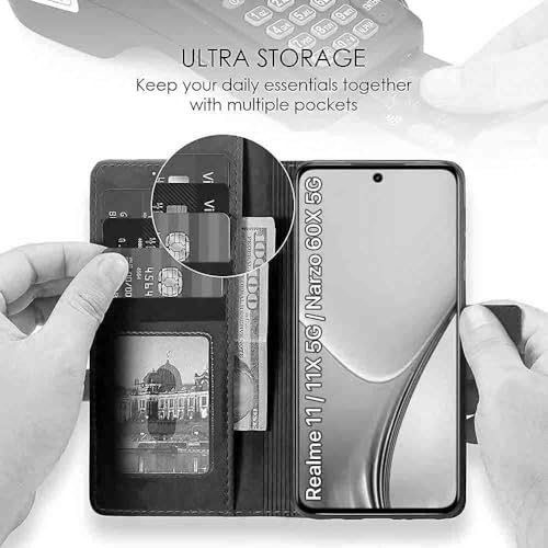 Image of TOUCCH Flip case for Realme Narzo 60X 5G | Realme 11 5G | Realme 11X 5G | Realme C67 5G| Leather Finish Cover & Flexible Stand Design | Card and Money Pocket | Black