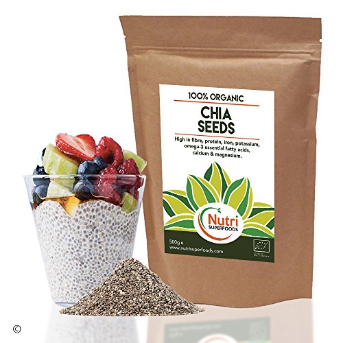 Semillas de chía orgánicas crudas - Proteína vegetal vegana para la resistencia - Mejora el metabolismo y la digestión - 500g