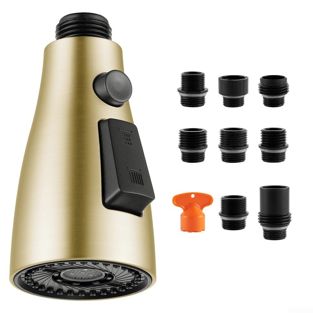 Cabezal rociador de grifo de cocina extraíble de acero inoxidable 304 con 9 conectores para la mayoría de grifos de fregadero extraíbles y extraíbles, color negro dorado cepillado (oro