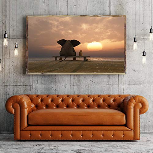 Geiqianjiumai Elephant and Dog Looking at Canvas in the Sunset Modern Prints Mural Living Room Home Decoration Wall Art Frameless Painting 40x50 cm