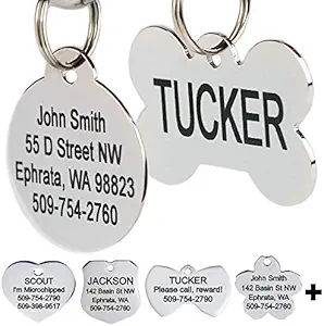 GoTags Stainless Steel Pet ID Tags, Personalized Dog Tags and Cat Tags, up to 8 Lines of Custom Text, Engraved on Both Sides, in Bone, Round, Heart, Bow Tie and More