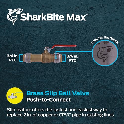 Image of SharkBite Max 3 /4 Inch Slip Ball Valve, Push to Connect Brass Plumbing Fitting, PEX Pipe, Copper, CPVC, PE-RT, HDPE, UR24736