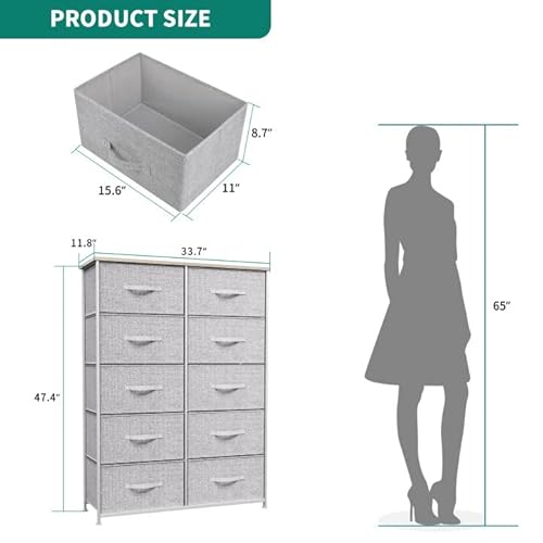 Yitahome 10 Drawer Dresser - Fabric Storage Tower, Organizer Unit For Bedroom, Living Room, Hallway, Closets & Nursery - Sturdy Steel Frame, Wooden Top & Easy Pull Fabric Bins (Light Grey) #TOP2