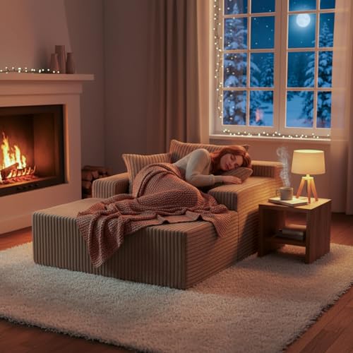 Image of Sytopia Chaise Lounge with Armrests, Oversized Sofa Bed with 3 Pillows, Cozy Couch, Sleeper Reading Chair for Living Room Bedroom, Floor Sofa Corduroy, Furniture Sala, Cashmere Beige