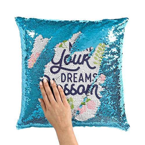 Coussin housse sequin turquoise de qualité supérieure avec message brodé
