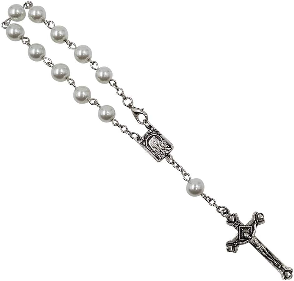 Treasure4U-Store One Decade Auto Rosary for Rearview Mirror White Pearl Glass Beads Catholic Bracelet Our Lady of Lourdes Centerpiece Religious Gift Car Truck Travel Protection - Image 4