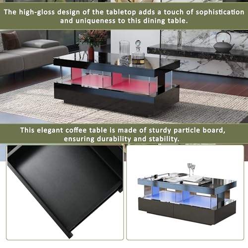 ModernLuxe Coffee Table with 2 Drawers and Open Storage Space, Black High Gloss Living Room Tables with 16 Colors LED Lights, Rectangular Coffee Tables for Living Room 100 * 60 * 49.5 cm - Image 6