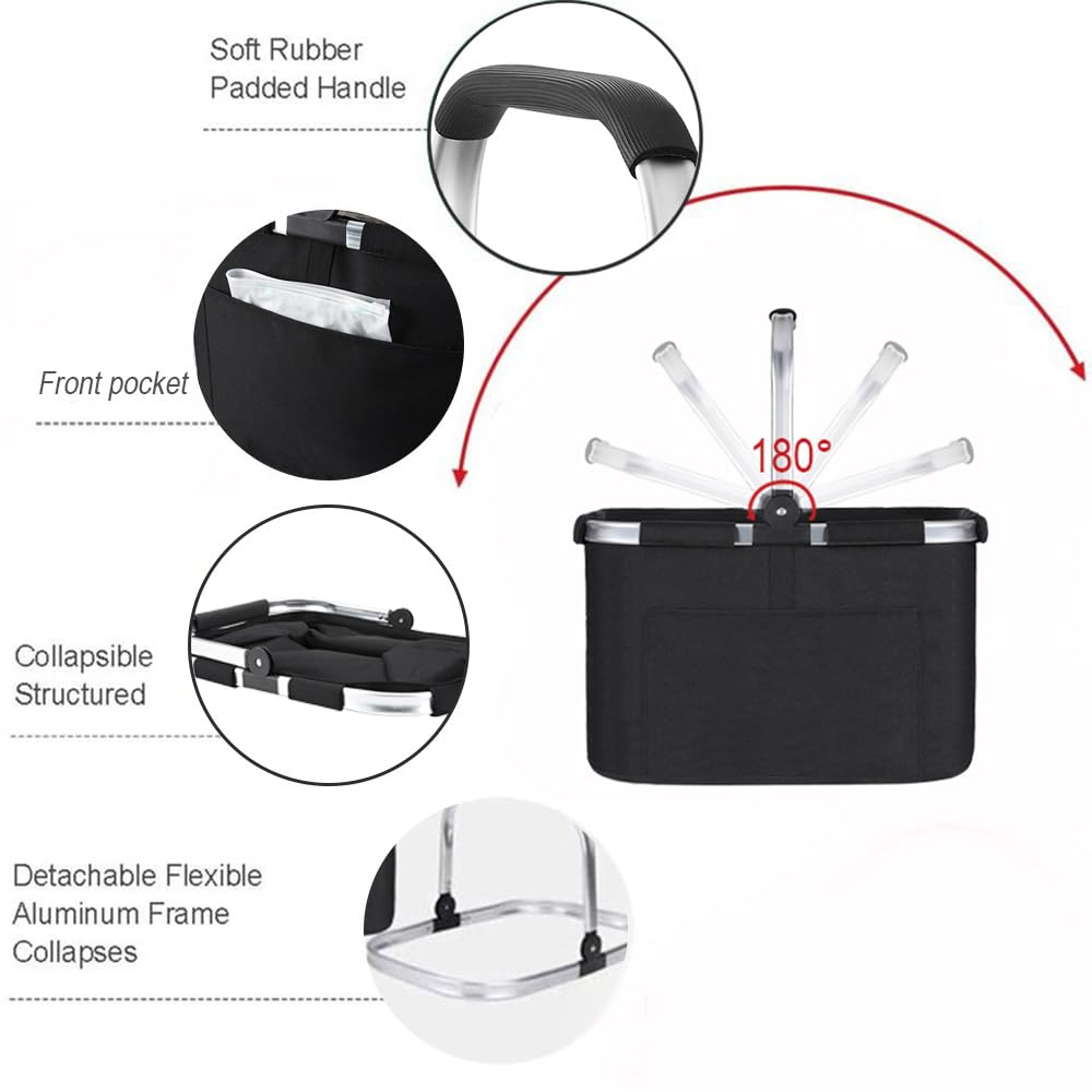 Diurwur® Cesta plegable de 30 l para la compra con tapa, cesta de picnic grande con asas acolchadas, cesta plegable con marco de aluminio, cesta estable, ideal para viajes, picnics, compras, regalo