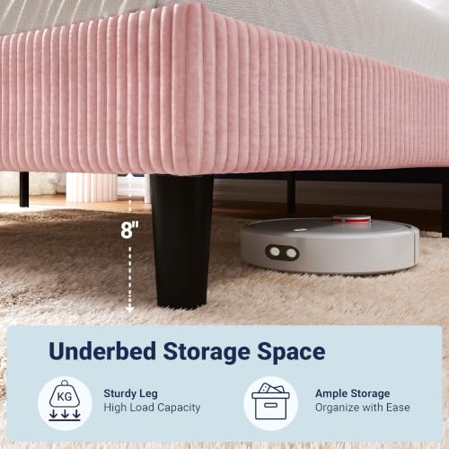 Image of Allewie King Size Platform Bed with Corduroy Wingback Headboard, Pink | 1000 lb Capacity, Corduroy Wingback Headboard, Vertical Channel Design, Wood Slat Support, No Box Spring Needed /Easy Assembly