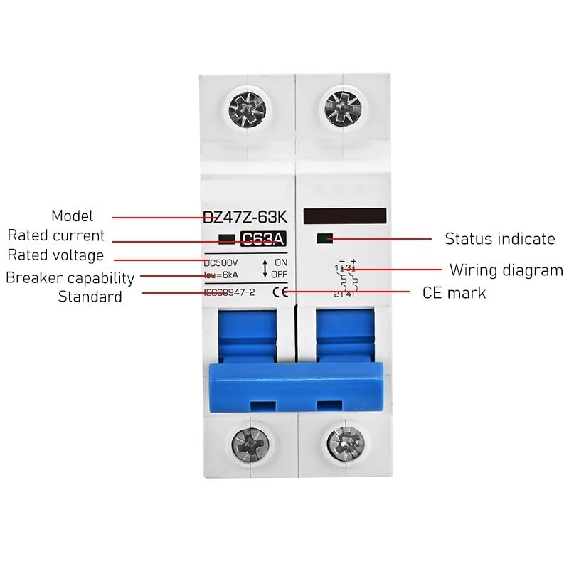 Solar Panel DC Circuit Breaker DC MCB 250V/500V/750V/1000V 2P 3P 4P 16A 32A 50A Non Polarized DC Breaker PV System(2P DC500V,50A)