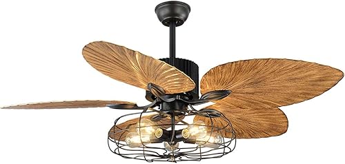 Miniatura 9 de Ventilador de techo industrial de 52 pulgadas con 5 luces, control remoto, hojas de palma y acabado negro, ventilador de araña silencioso y vintage