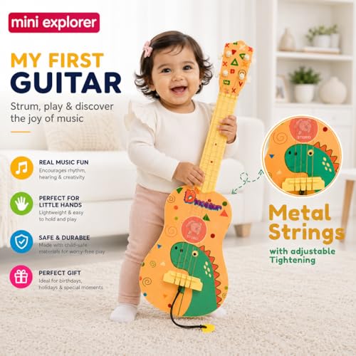 Image of MiniExplorer Ukulele Guitar Toy for Kids, 57 cm 4 String Musical Instrument Toy for Toddlers & Boys Girls Age 3+, Early Educational Pretend Play Guitar - Dino