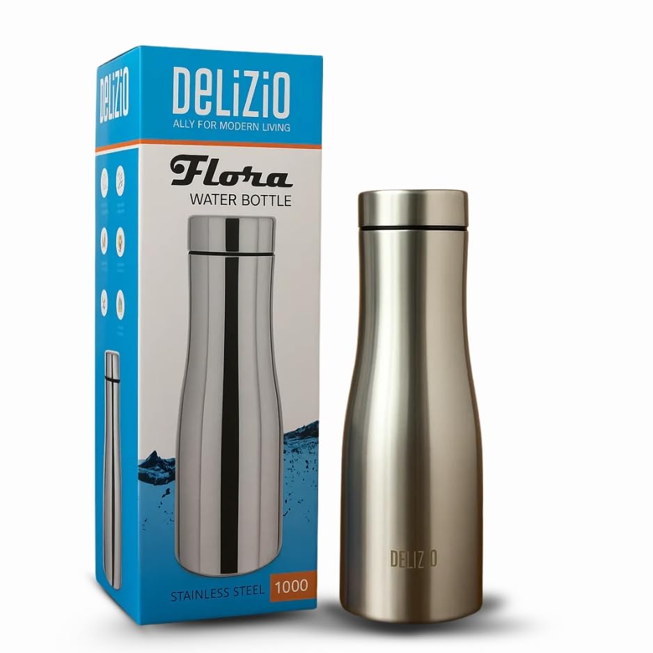 Image of KEMP DELIZIO Edition Stainless Steel Fridge Water Bottle 1000 ML | 1 L | Single Walled | Office | Gym | Travelling | Leak Proof LID | ECO Friendly | BPA Free | for Adult, Kids (Flora-6 Pack)