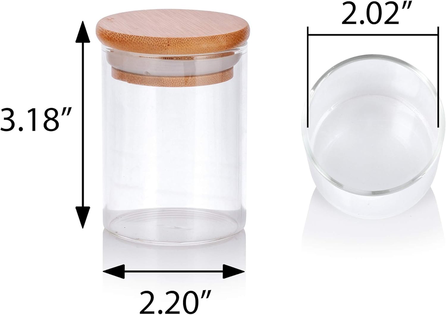 JUVITUS Tarro de vidrio transparente de borosilicato de 4 onzas con tapa sellada de silicona de bambú (paquete de 6)
