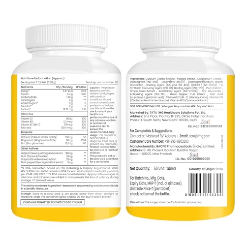 Image of Tata 1mg Calcium Magnesium Zinc Tablets | With Vitamin D3 600 IU, K2-7, B12 & Folic Acid | Hadjod & Black Pepper Extract | Bone & Joint Support Supplement for Adults | 60 Tablets