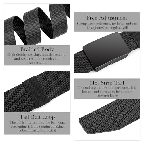 Linkidea Men's Plus Size Canvas Belt, 79"" Extra Long Polyester Belt with Metal Automatic Buckle, No Holes Invisible Belt Buckle Gift for Men, XXX-Large, Black3