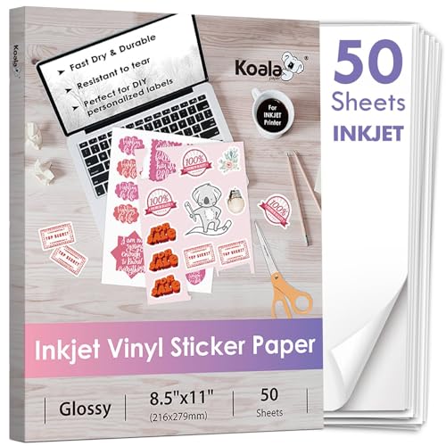 Koala Inkjet Printable Vinyl Sticker Paper for Inkjet Printer - 50 Sheets White Glossy Sticker Paper, Waterproof Sticker Printer Paper 8.5x11 Inch, Tear-Resistant, Removable