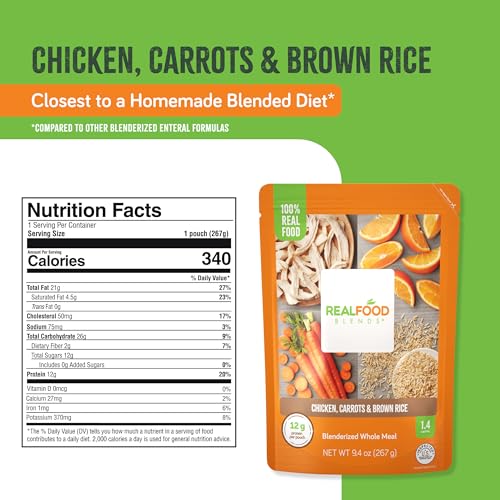 Image of Real Food Blends Chicken, Carrots & Brown Rice - Pureed Food Meals for Tube Feeding with Protein, Vegetables & Fruits - 340 Calories for Lunch & Dinner - 9.4 oz (Pack of 12)