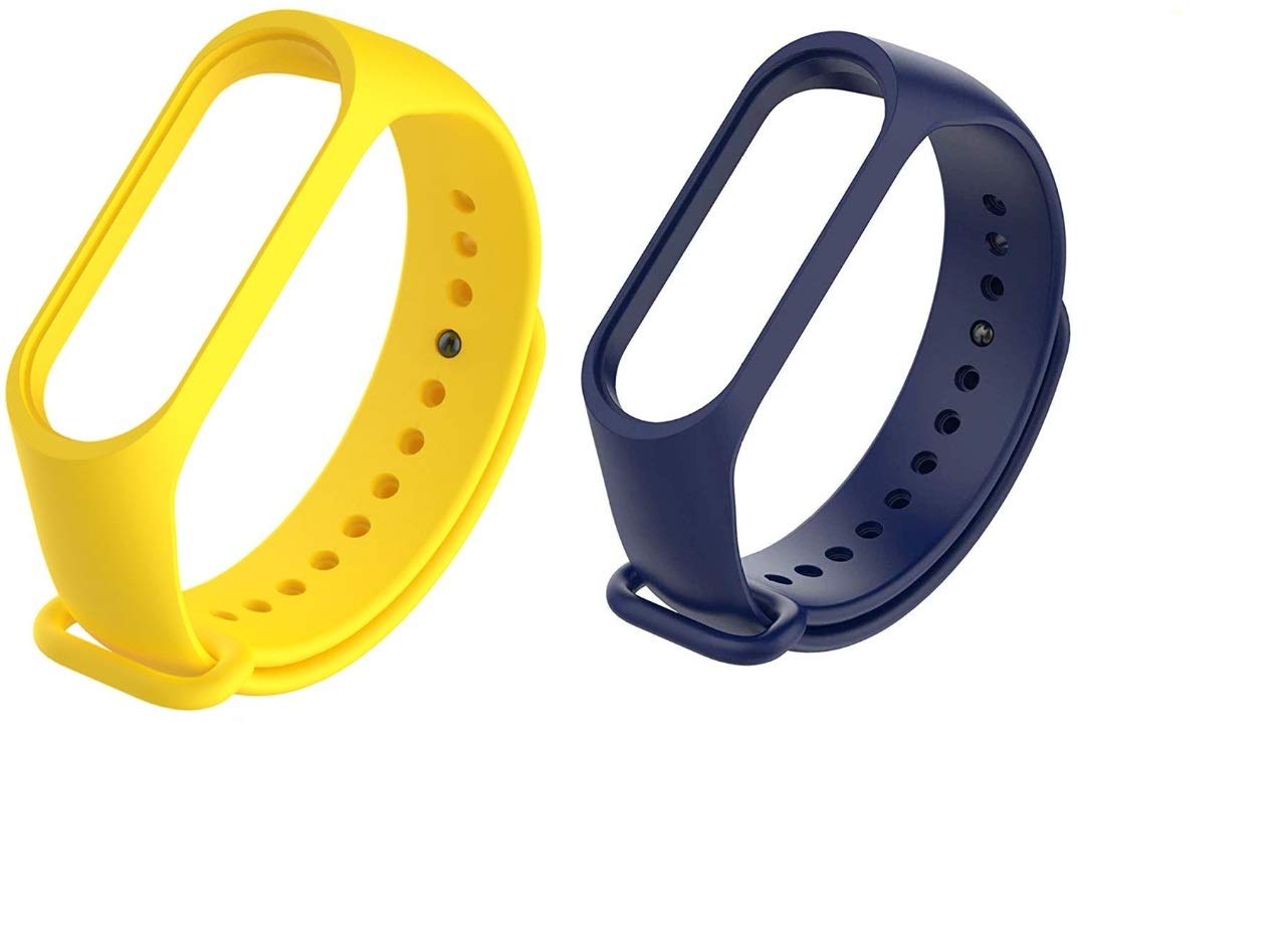 Hadwin Adjustable Silicone Strap Compatible for Mi Band 3 / Mi Band 4 (Combo Pack, Pack of 2) (Yellow-Navy)