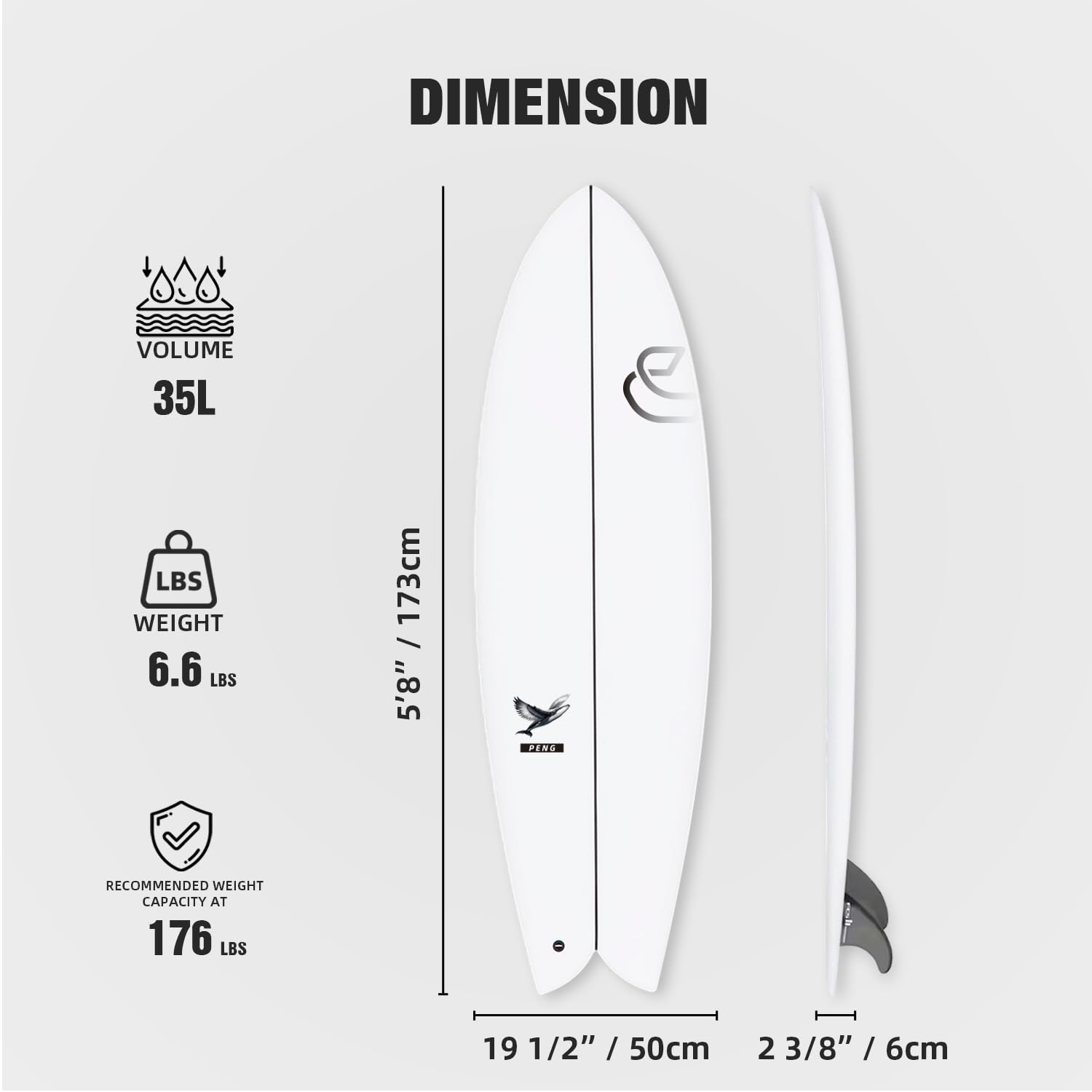 CONTOUR SURF Kunpeng 5'8'' Epoxy Shortboard Surfboard with Fins and Leash | High-Performance Fish Surfboard for Intermediate to Advanced Surfers | EPS Core, Wood Stringer, Carbon Reinforced