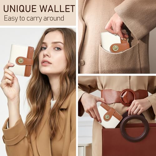 Image of Kelvoris Small Rfid Women Wallet Bifold Zipper Coin Pocket White and Brown | PU Leather Compact Cash Credit Card Holder Travel Purse for Female Ladies Teen Girls 1 ID Window 10 Card Slots