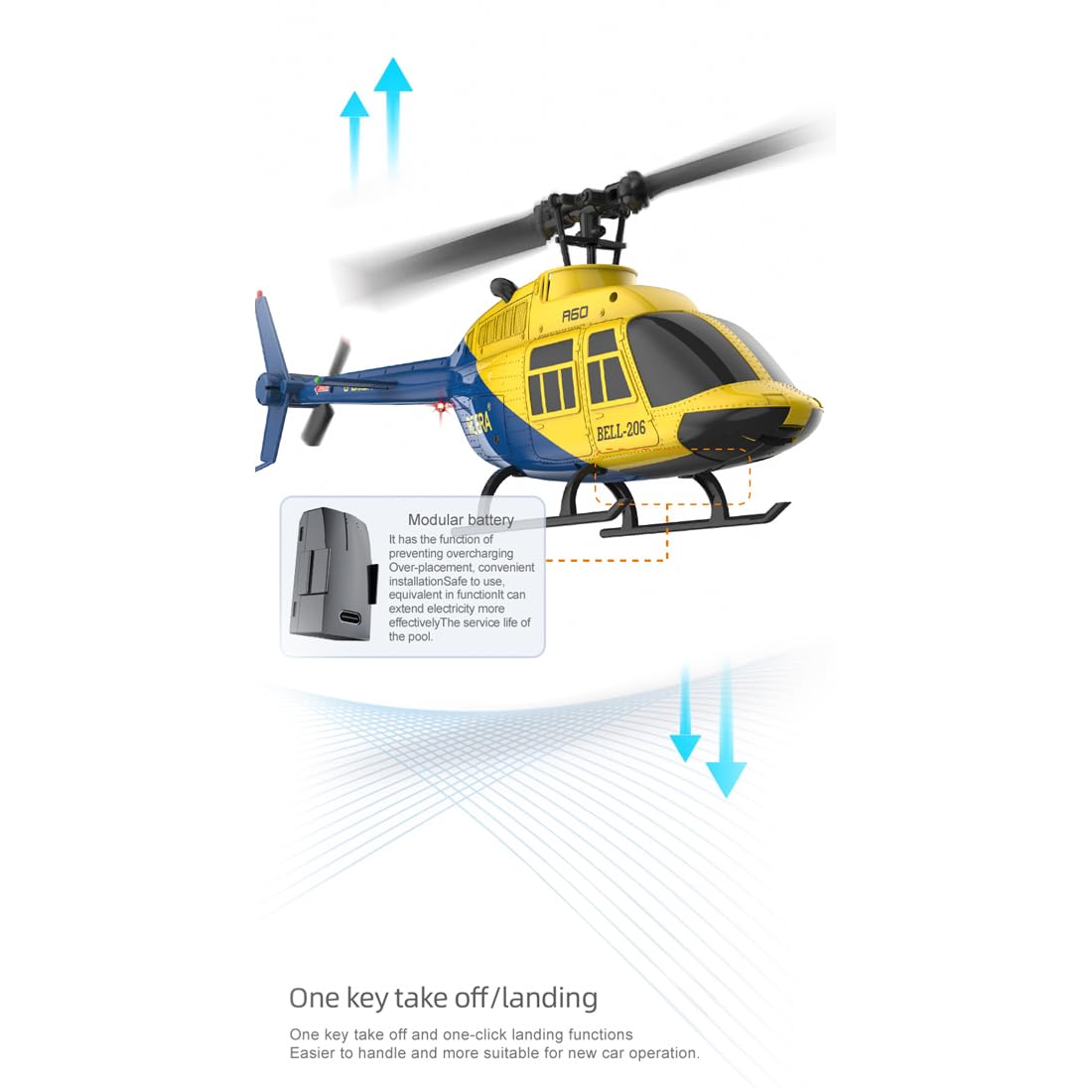 Bell 206 A60 RC-Hubschrauber ohne Landeklappen mit Ein-Tasten-Start/Landung, Maßstab 1:42, 6-Kanal-Fernsteuerung mit Höhenhaltung, optischem Fluss, Unterspannungsalarm und Rotorblockierschutz – RTF