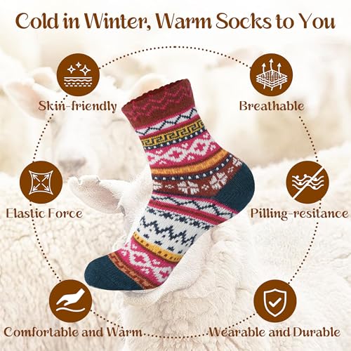 Image of LOCONHA Womens Wool Socks 5 Pairs Winter Warm Sock Thick Knit Cabin Cozy Crew Soft Socks Gifts for Women
