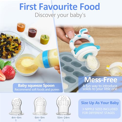 Image of WAJIAYON Baby Fruit Feeder Pacifier | 2 Infant Food Feeder Pacifier & Baby Food Dispensing Spoon | Mesh Fresh Fruit Teethers for Babies Teething Feeders | Shower Gifts for Boys and Girls (Blue)
