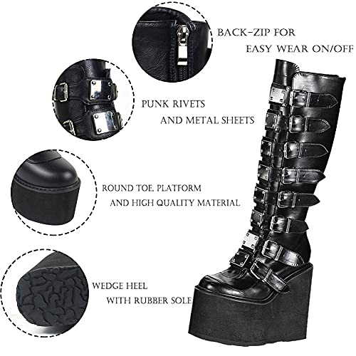 Womens Chunky Platform Knee High Boots High Heel Round-Toe Zip Punk Goth Mid Calf Combat Boots For Women