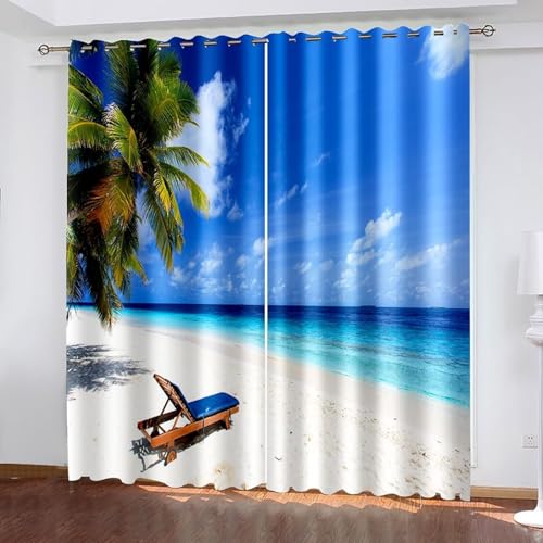 Wycian - Cortina de ganchillo para cortinas de color blanco azul verde 2 piezas poliester cocotero mar y silla de playa 102L x 244H cm simple popular actualización 3.0